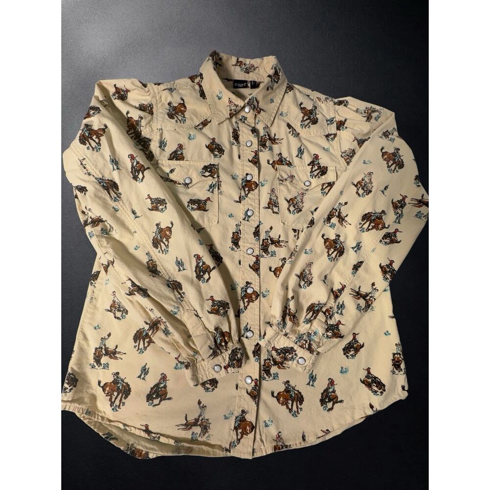 Cruel Denim Womens Western Shirt Medium Cream Horse Print Pearl Snap Rodeo